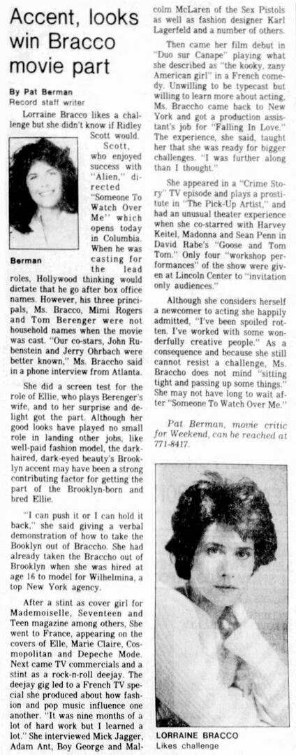 Star magazine article about Miami Vice titled "Sonny Crockett's New Wife", featuring a black and white film still of actress Lorraine Bracco as Ellie Keegan in Someone to Watch Over Me.