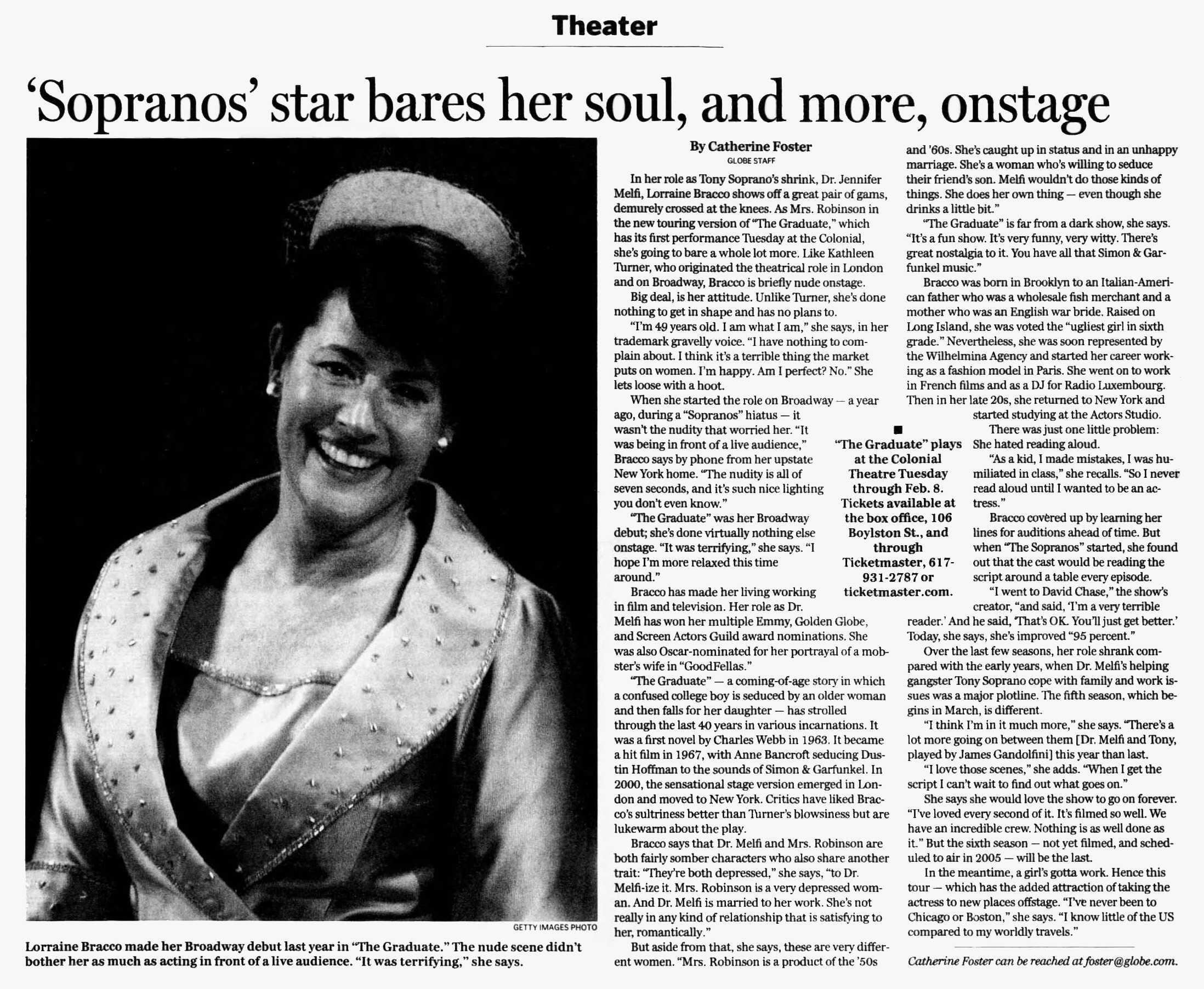 Interview magazine spread titled "Lorraine Bracco by James Gandolfini," featuring a four-panel pop-art Warhol style portrait of Lorraine Bracco in high-contrast blue, green, and monochrome tones.