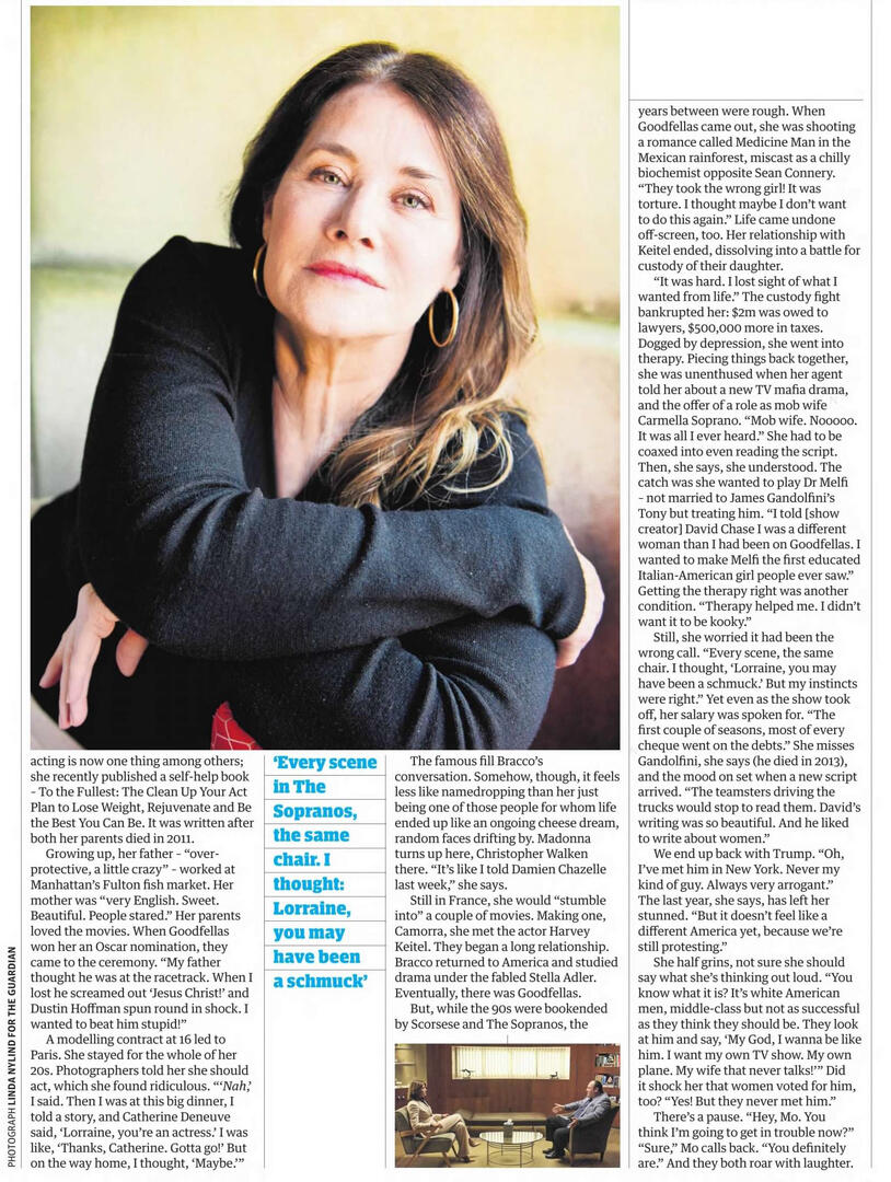 Magazine feature layout about actress Lorraine Bracco, including a photo with Jamie-Lynn Sigler at The Sopranos premiere, a still with James Gandolfini, and Lorraine holding her book, 'To the Fullest'.
