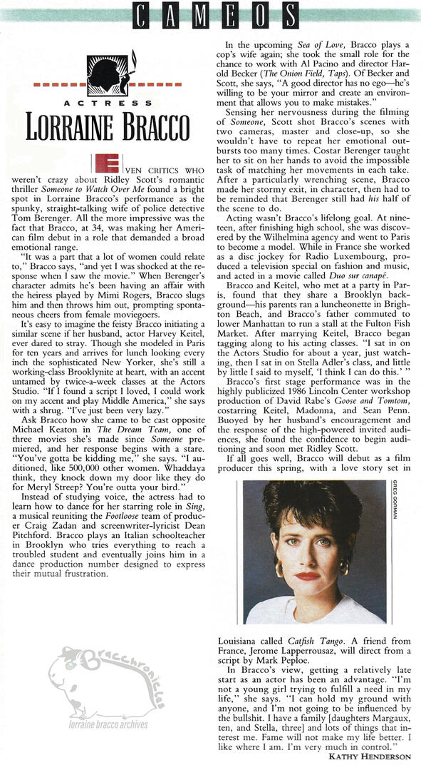Premier magazine article titled "Cameos" profiling actress Lorraine Bracco, featuring text columns and a promotional portrait of Bracco wearing a white shirt and gold earrings from her movie Sing.