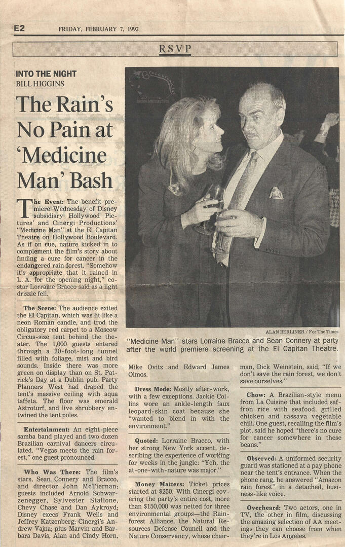 LA Times RSVP newspaper clipping from Feb 1992 featuring a black and white photo of actors Sean Connery and Lorraine Bracco smiling at the "Medicine Man" movie premiere afterparty at the El Capitan Theatre.