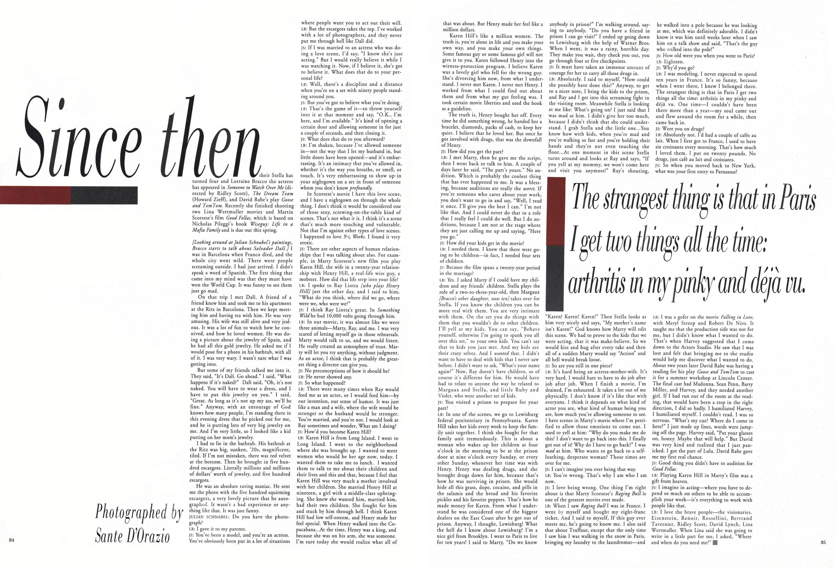 Continuation of Interview magazine spread titled Since Then, featuring an interview with Lorraine Bracco.