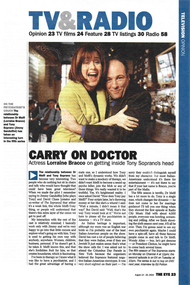 A TV & Radio feature spread from The Eye magazine titled "Carry On Doctor," featuring an interview with actress Lorraine Bracco about her role in The Sopranos. Includes a prominent photo of Lorraine Bracco and James Gandolfini smiling and hugging.