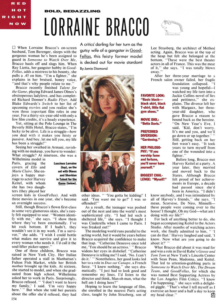 Cosmopolitan magazine article titled "Bold, Bedazzling Lorraine Bracco.". Includes a central headshot of Bracco in a green blazer and a small film set photo, both from movie Talent for the Game.
