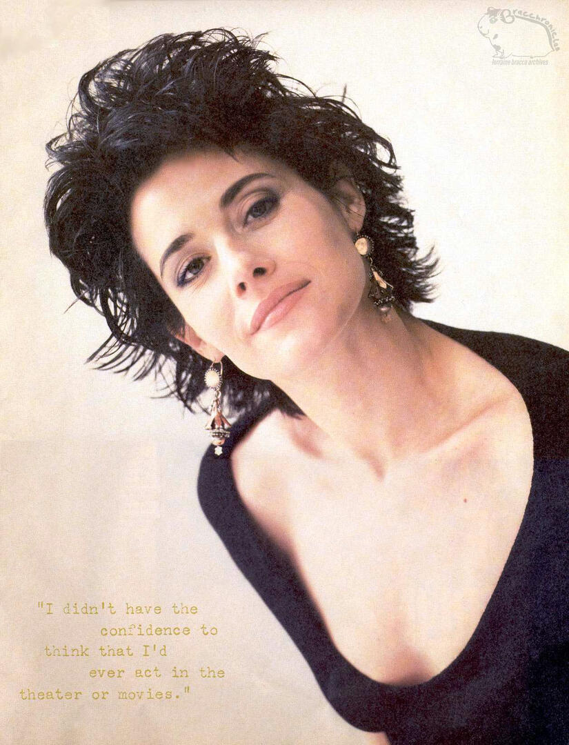 Portrait of actress Lorraine Bracco with short dark hair and giant dangling earrings for an Interview magazine feature article. Includes a gold pull quote about her acting confidence.