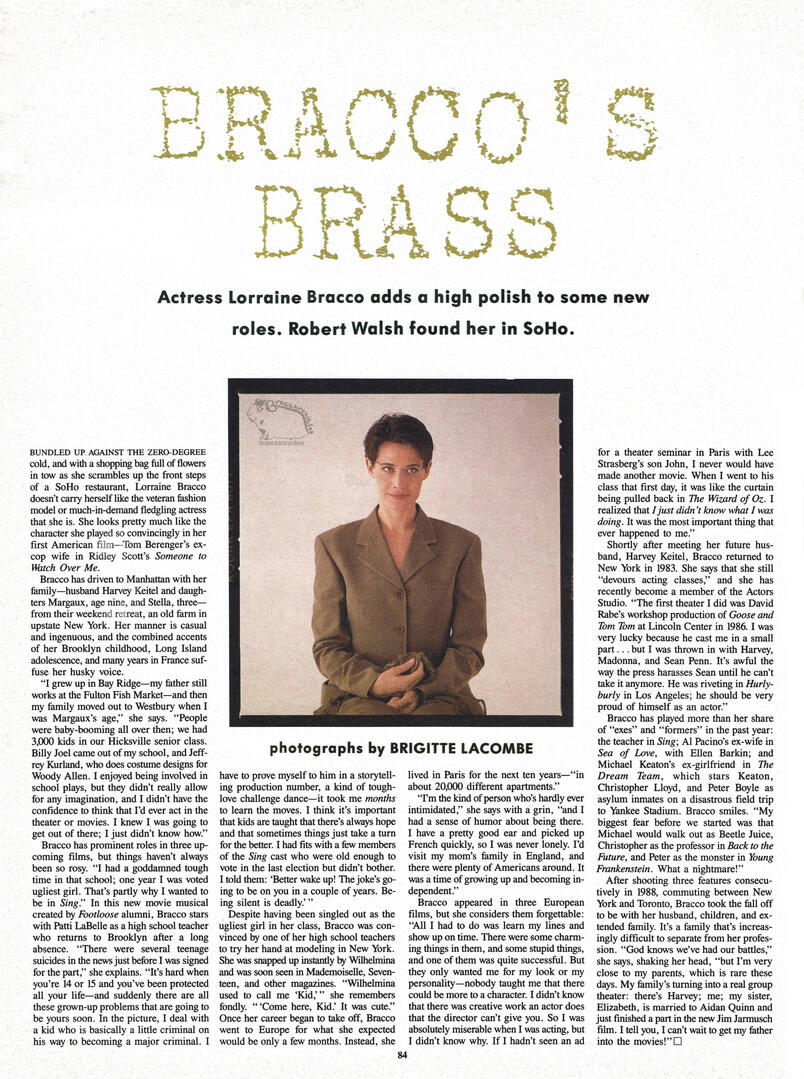 Interview magazine article page titled "Bracco's Brass" featuring actress Lorraine Bracco. Includes a central portrait by photographer Brigitte Lacombe and interview text.