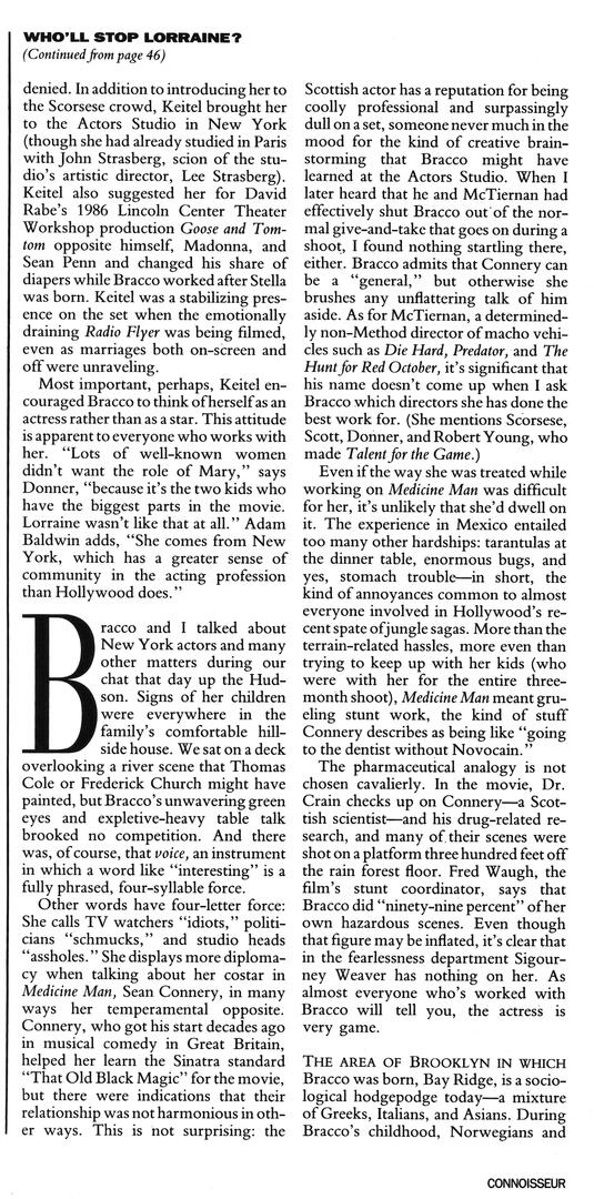 Continuation page of Connoisseur magazine article "Who'll Stop Lorraine?" about Lorraine Bracco. Text columns discuss her work with Sean Connery in Medicine Man and mentions filmmakers like Scorsese, Scott, and Donner.
