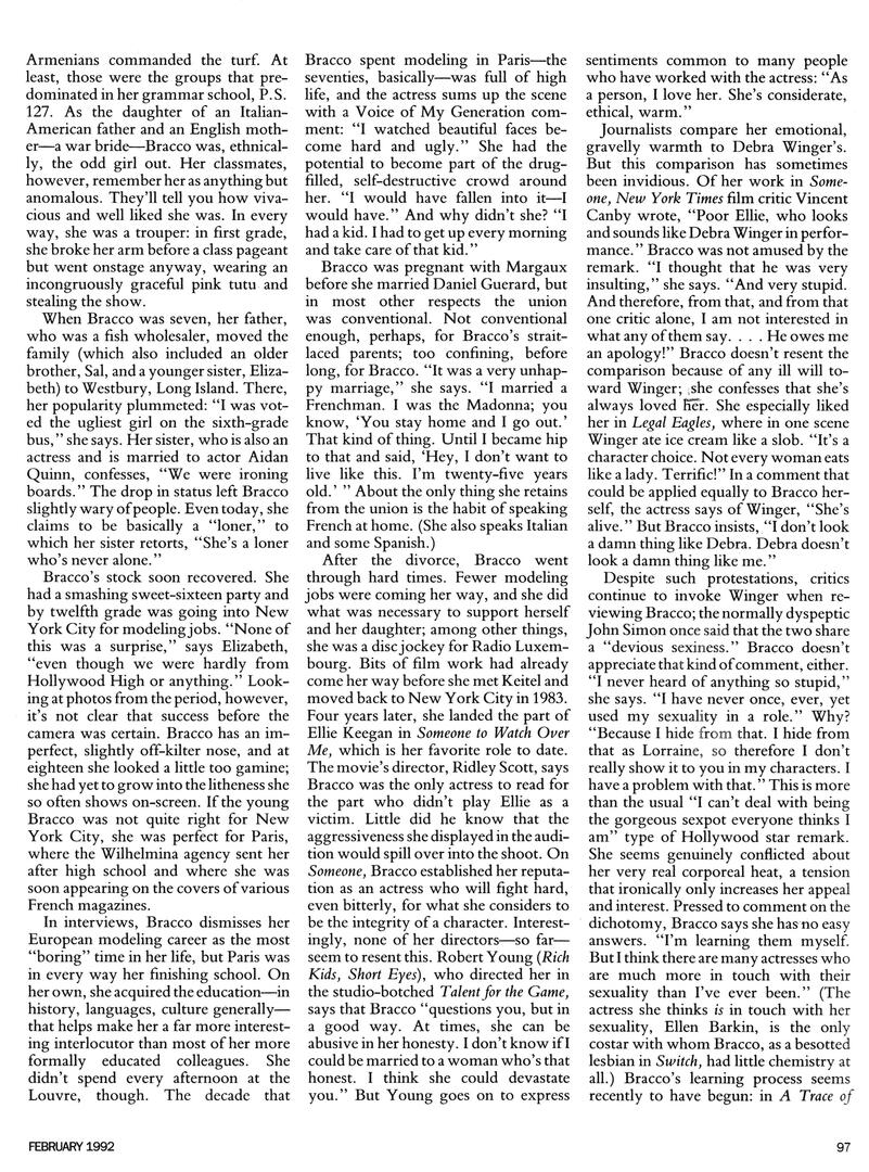 Continuation of Connoisseur magazine, featuring a text-heavy article page about actress Lorraine Bracco. The editorial text columns discuss her early life, modelling in Paris, and films like Someone to Watch Over Me.