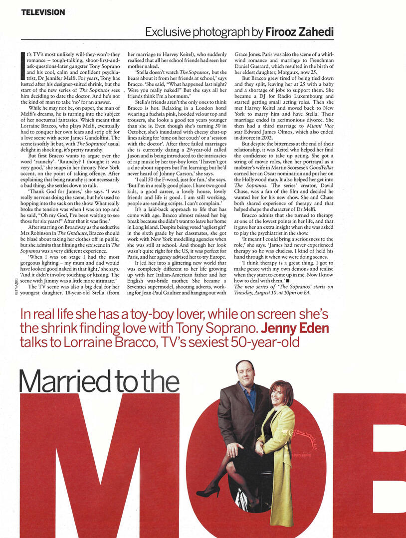 Magazine article page of Lorraine Bracco and James Gandolfini, with an interview titled "Married to the Mob" discussing her role in The Sopranos.