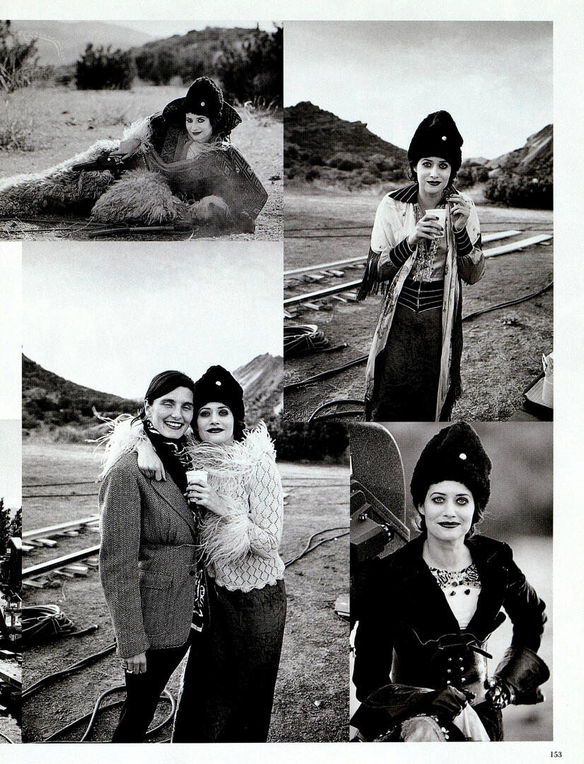 A black-and-white photo collage page from Harper's BAZAAR featuring Lorraine Bracco on the desert movie set of Even Cowgirls Get the Blues. She poses in avant-garde western costumes by Beatrix Aruna Pasztor. Photography by Peter Lindbergh.