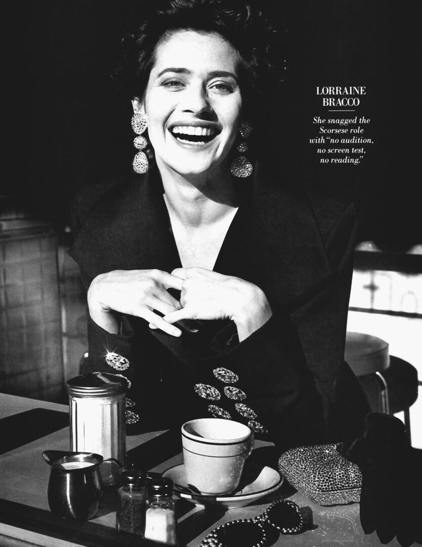 Vanity Fair magazine featuring a black and white portrait of actress Lorraine Bracco laughing at a diner counter. She wears a dark jacket and statement earrings. Text mentions snagging her Scorsese role with no audition, screen test, or reading.