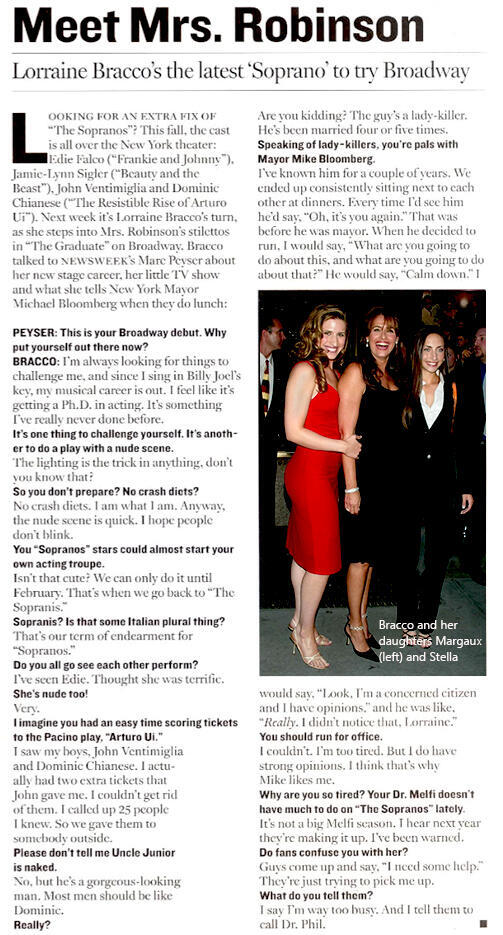 Newsweek magazine article titled 'Meet Mrs. Robinson' about Lorraine Bracco joining 'The Graduate' on Broadway. Includes a photograph of Lorraine Bracco smiling alongside her daughters, Margaux and Stella, at an evening event.