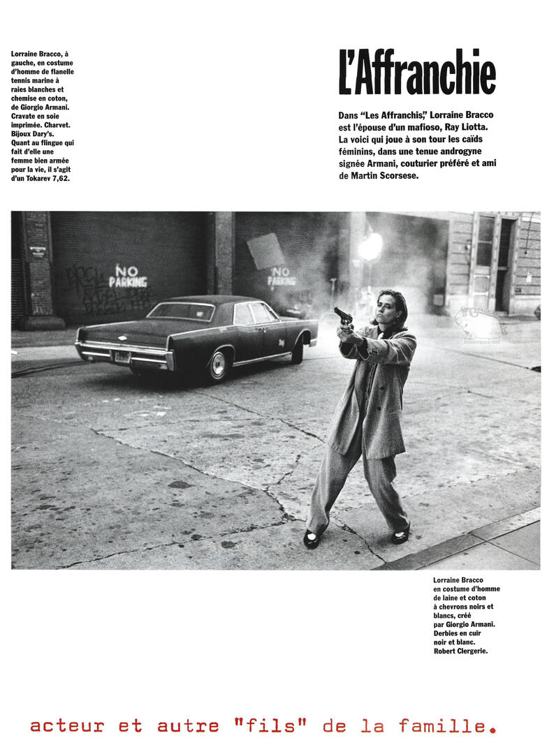 Second page of the Mirabella magazine feature on Lorraine Bracco. Includes text alongside three smaller photos: two film stills from Goodfellas with Ray Liotta, and a full-length shot of Bracco as Karen Hill walking outdoors in a jacket and skirt.