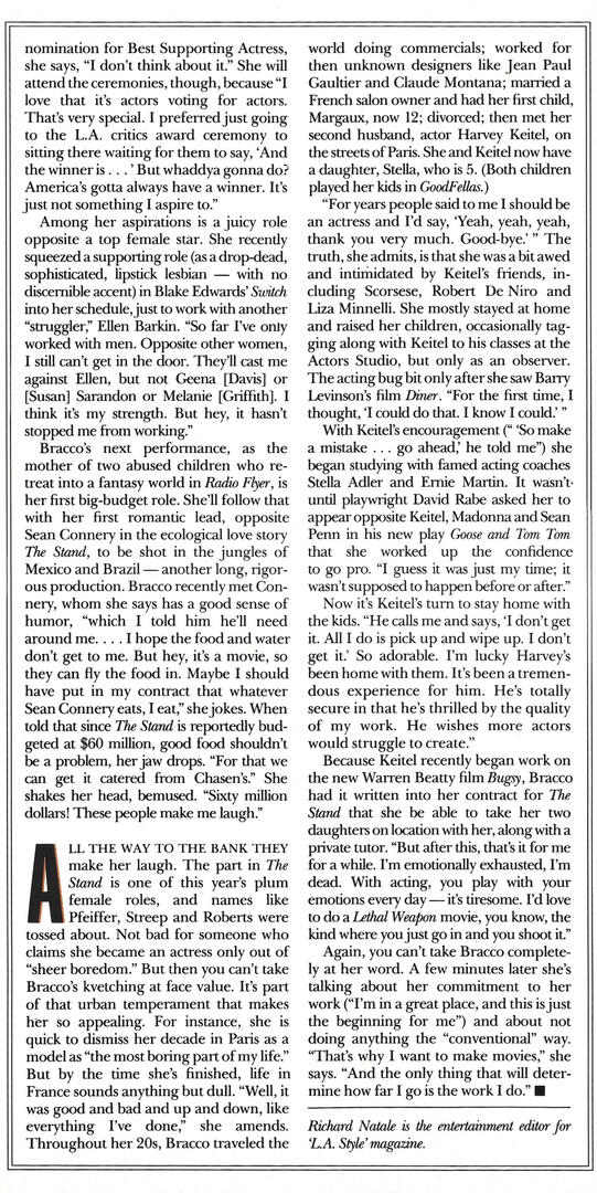 The continuation text page of the US Magazine interview with actress Lorraine Bracco, discussing her roles in Radio Flyer, Medicine Man, her career aspirations, and her family life with Harvey Keitel.