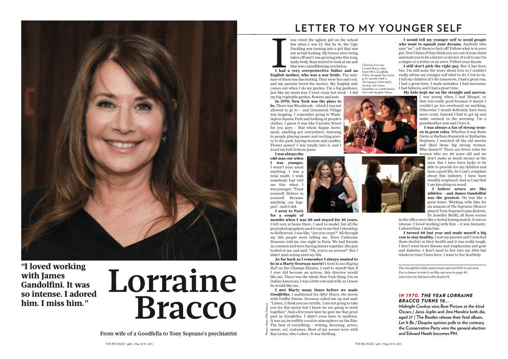 Lorraine Bracco feature interview in The Big Issue magazine, titled "Letter to My Younger Self." The spread includes a large portrait of the actress, a picture of her and her daughter Margaux, and stills from Goodfellas and The Sopranos.