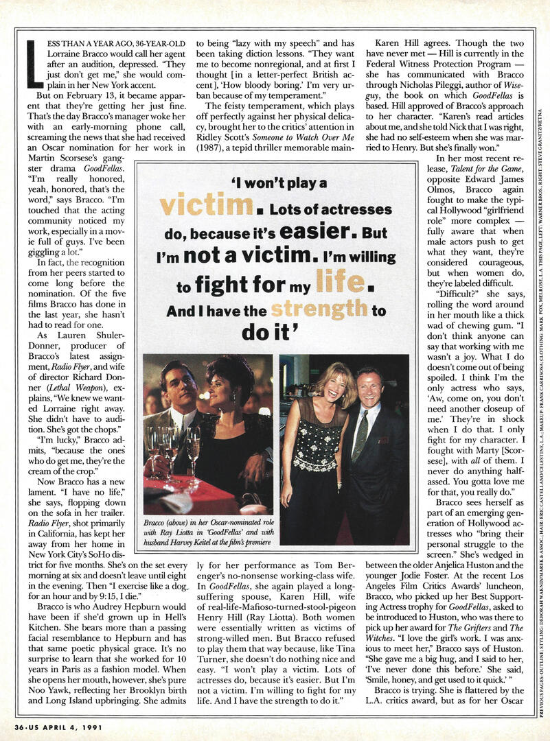 Article page from US Magazine about Lorraine Bracco. Includes a large pull quote about not playing a victim and two small photos: one from Goodfellas with Ray Liotta and one with Harvey Keitel at a film premiere.