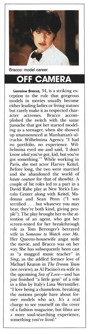 Playboy magazine article titled "Off Camera" about Lorraine Bracco's transition from model to actress, featuring a small still of Bracco in a white shirt and bowtie from her movie The Dream Team.