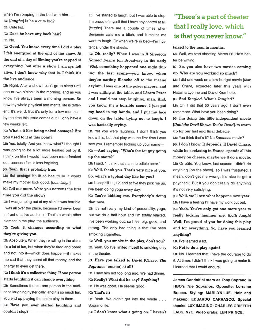 The continuation page of the Interview magazine conversation between Lorraine Bracco and James Gandolfini, where they discuss her Broadway debut in 'The Graduate'.