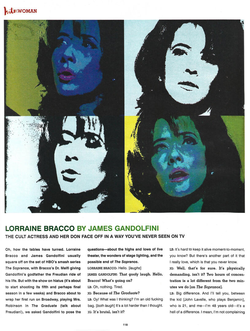 Interview magazine spread titled "Lorraine Bracco by James Gandolfini," featuring a four-panel pop-art Warhol style portrait of Lorraine Bracco in high-contrast blue, green, and monochrome tones.