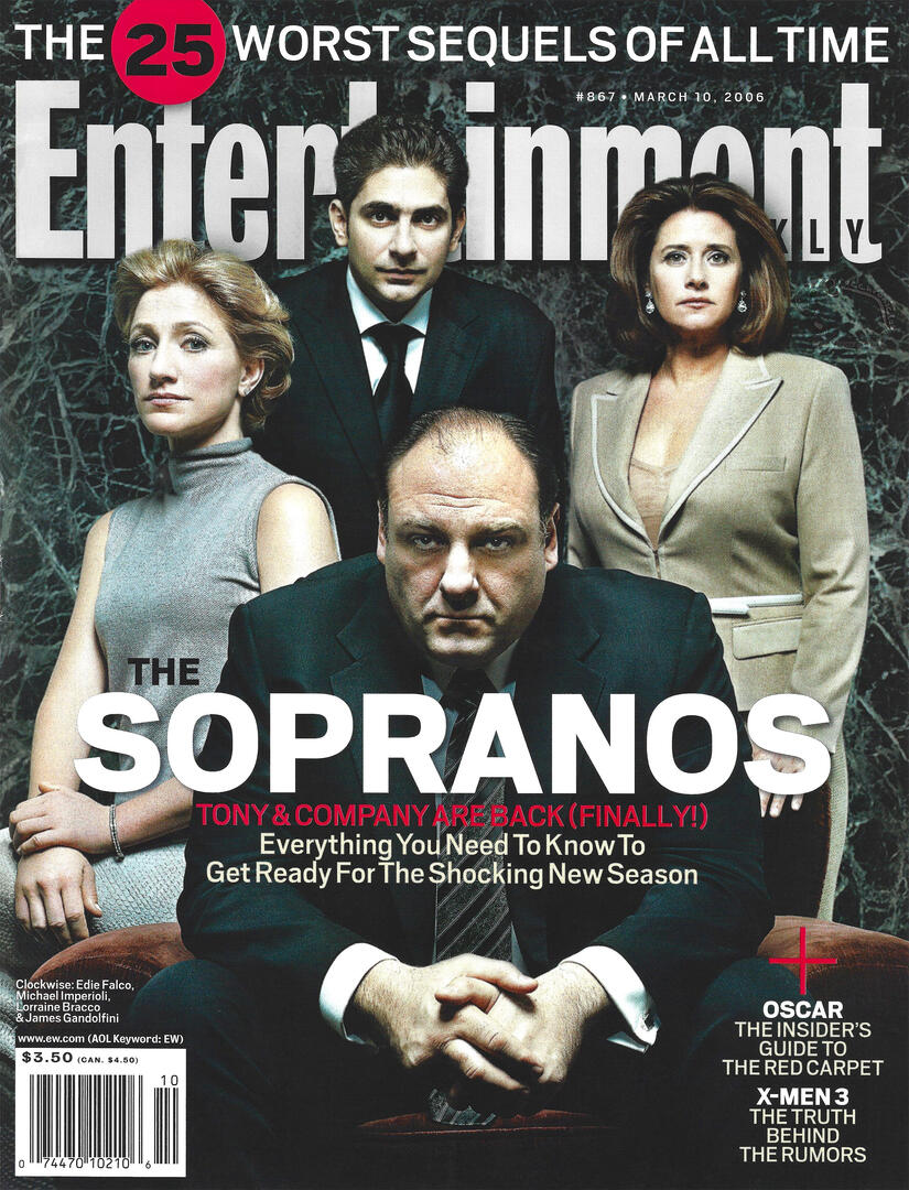 Entertainment Weekly magazine cover, featuring the cast of The Sopranos. James Gandolfini, Edie Falco, Michael Imperioli, and Lorraine Bracco. Text reads 'The Sopranos: Tony & Company Are Back (Finally!)'