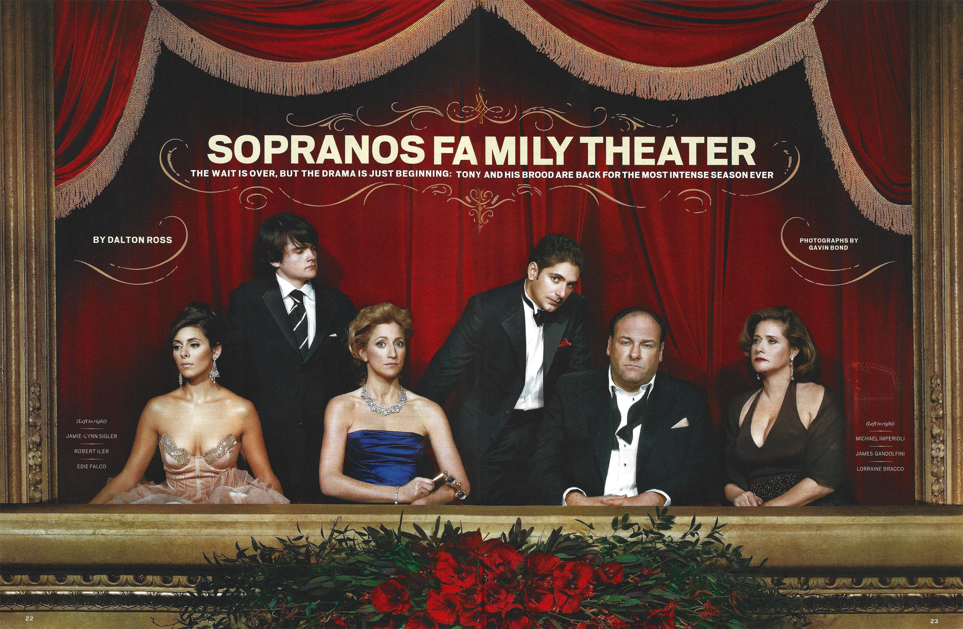 Entertainment Weekly spread titled 'Sopranos Family Theater'. The cast of The Sopranos, including James Gandolfini, Edie Falco, Michael Imperioli, Jamie-Lynn Sigler, Robert Iler, and Lorraine Bracco, pose in front of a velvet curtain background.