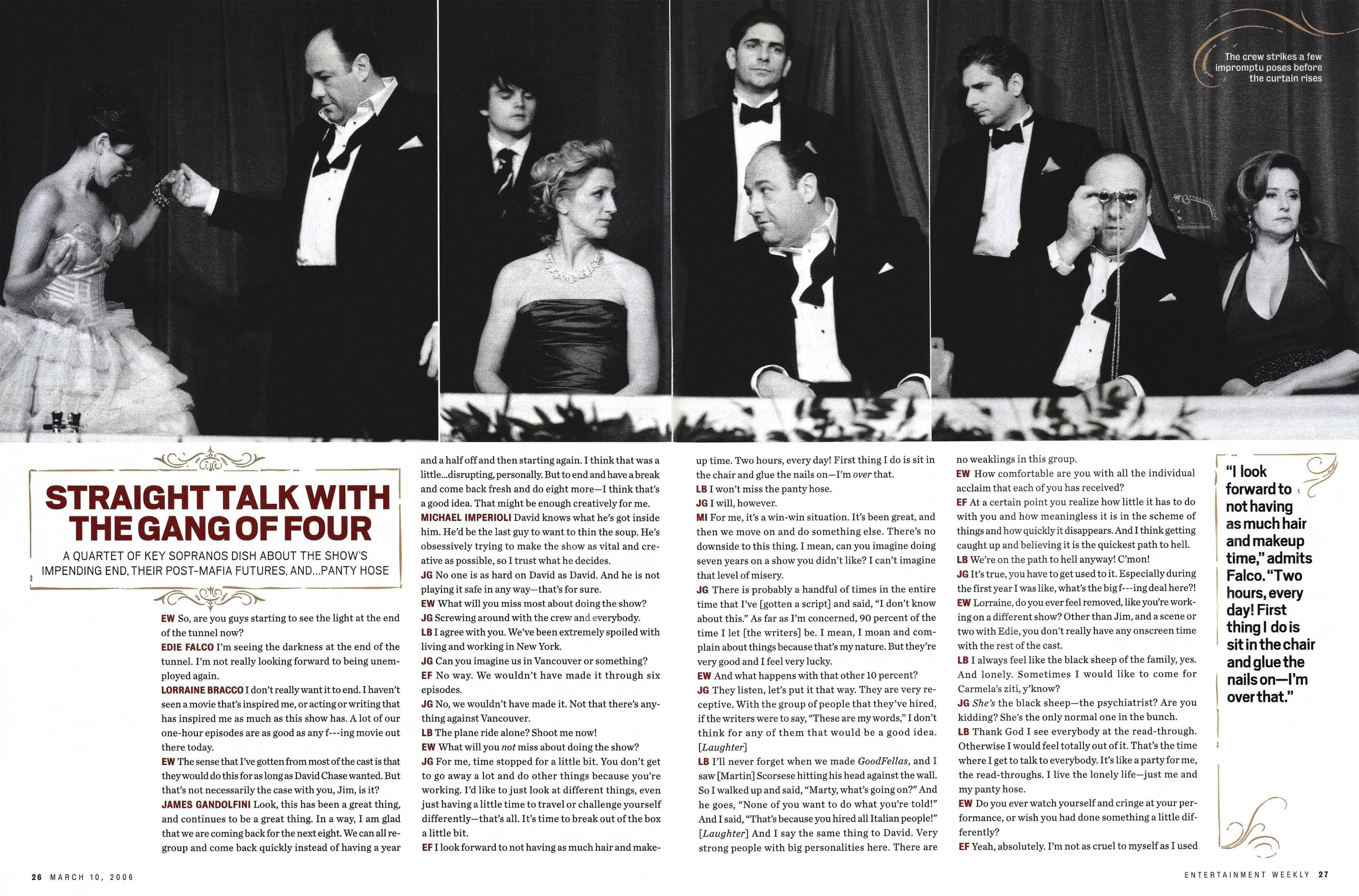 Entertainment Weekly magazine spread titled 'Straight Talk with the Gang of Four'. The page features a black-and-white photo strip of The Sopranos cast members (Jamie-Lynn Sigler, James Gandolfini, Michael Imperioli, Edie Falco, and Lorraine Bracco).