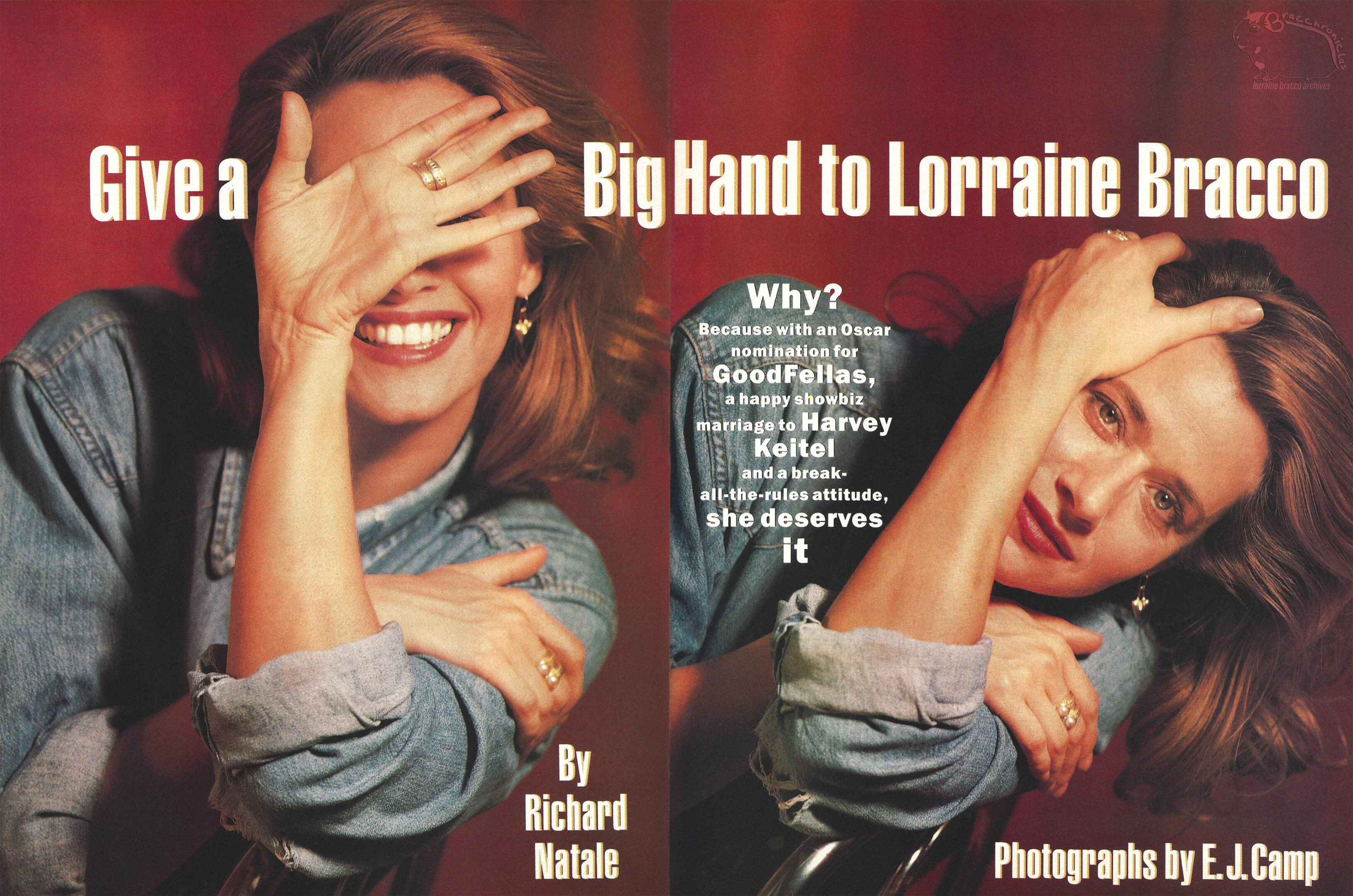 US Magazine spread featuring actress Lorraine Bracco in a denim shirt against a red background. Text reads "Give a Big Hand to Lorraine Bracco" with mentions of her Oscar nomination for GoodFellas and marriage to Harvey Keitel.