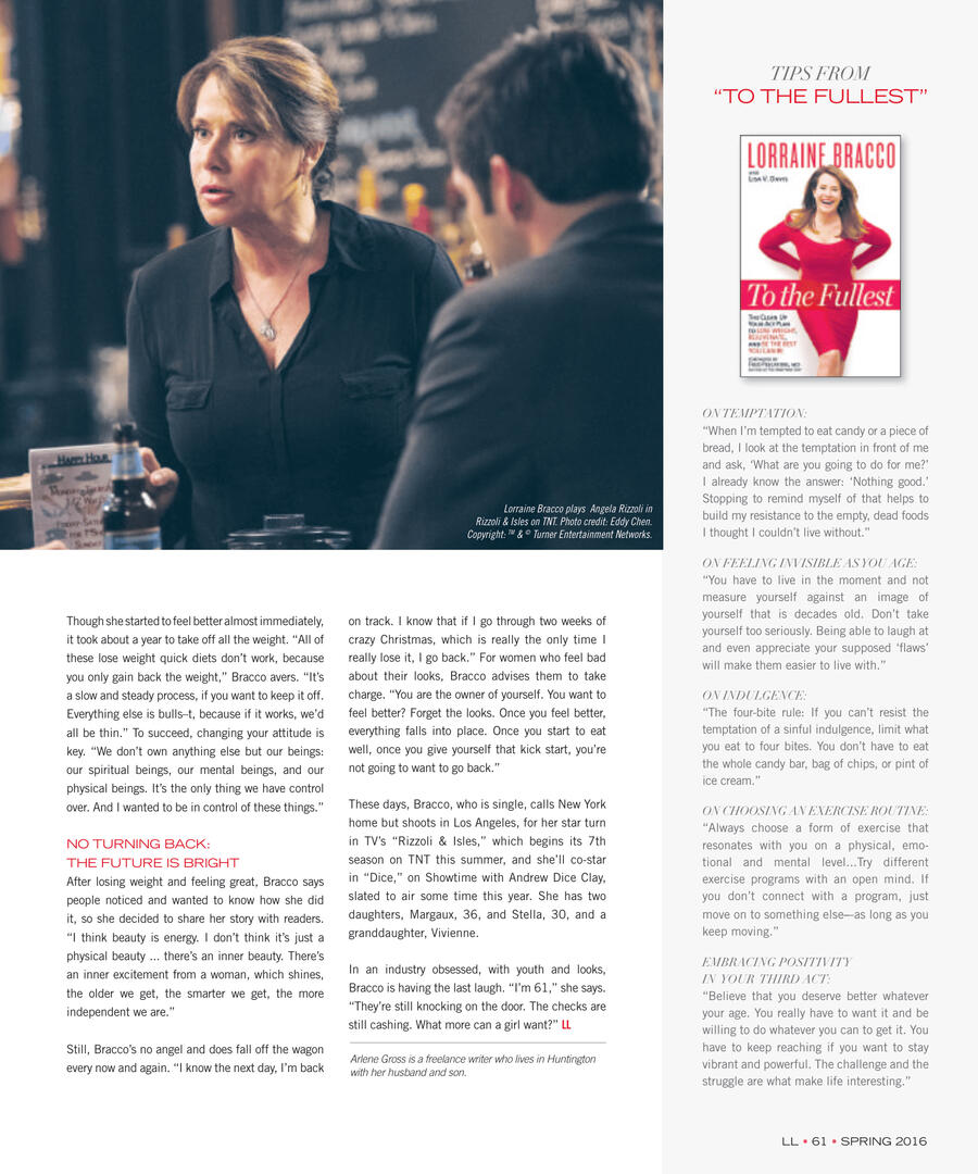 Magazine feature page about actress Lorraine Bracco, showing a still of Angela Rizzoli from a scene in Rizzoli & Isles and her book cover for 'To the Fullest'.