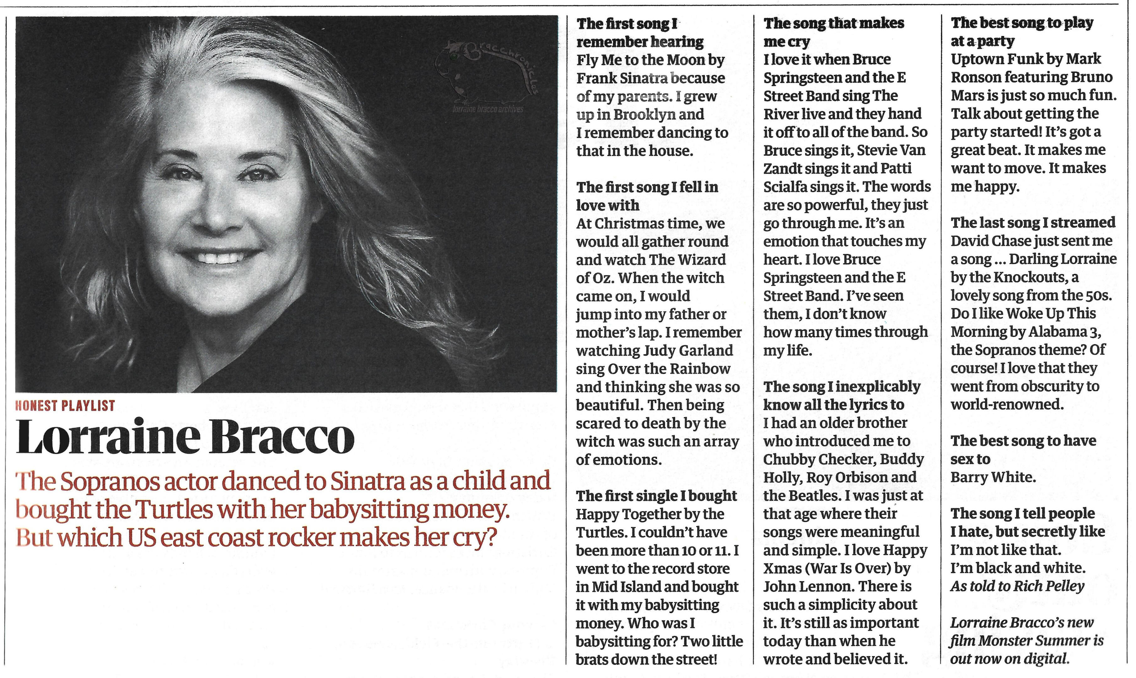 The Guardian newspaper article spread from 2025 featuring an interview with The Sopranos actress Lorraine Bracco for the 'Honest Playlist' section. The page includes a black and white portrait of a smiling Lorraine Bracco.