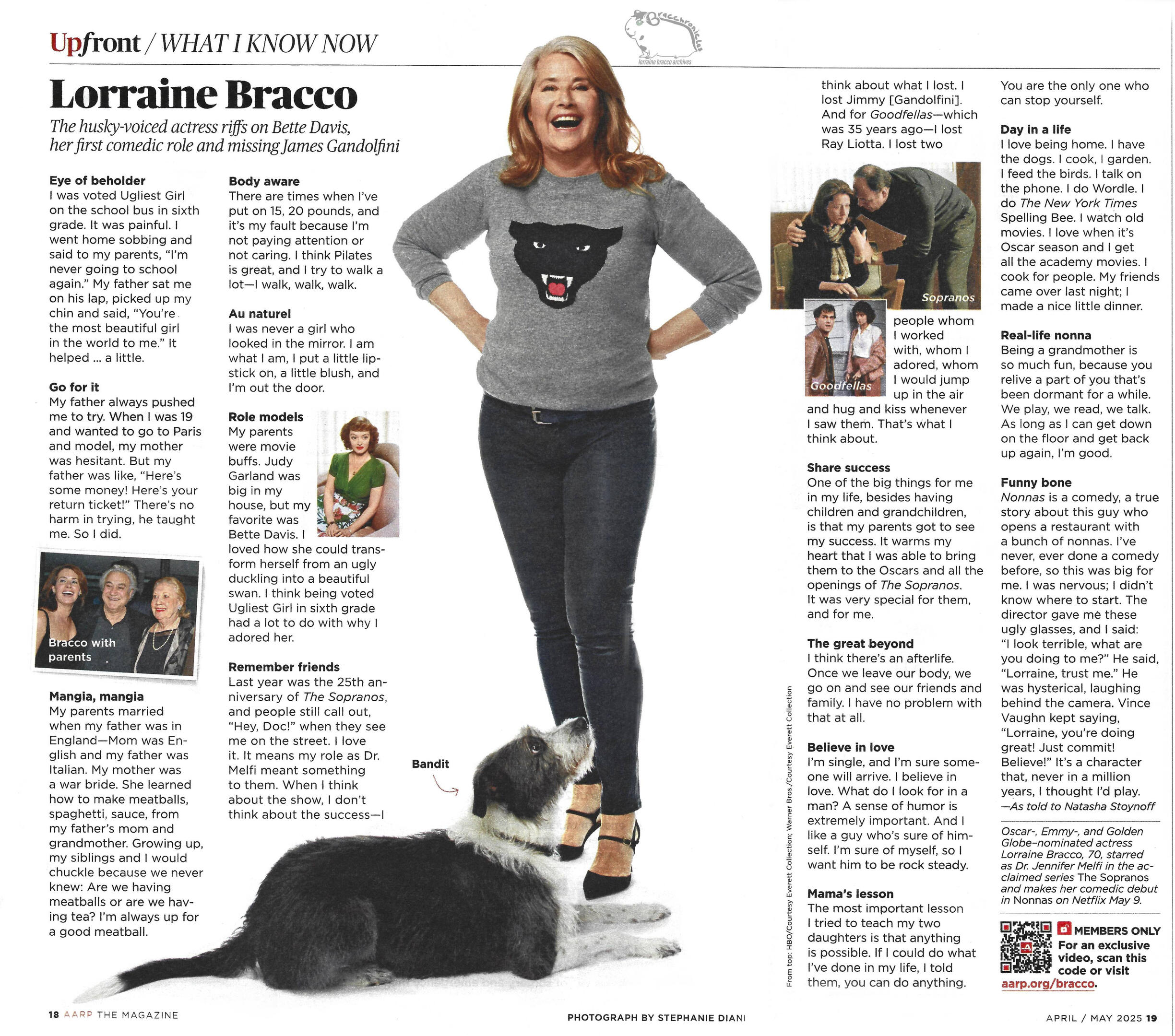2025 AARP Magazine spread featuring actress Lorraine Bracco from The Sopranos and Goodfellas. She is smiling in a grey sweater with a panther graphic, standing next to her dog Bandit. The interview article is titled "Upfront / WHAT I KNOW NOW"