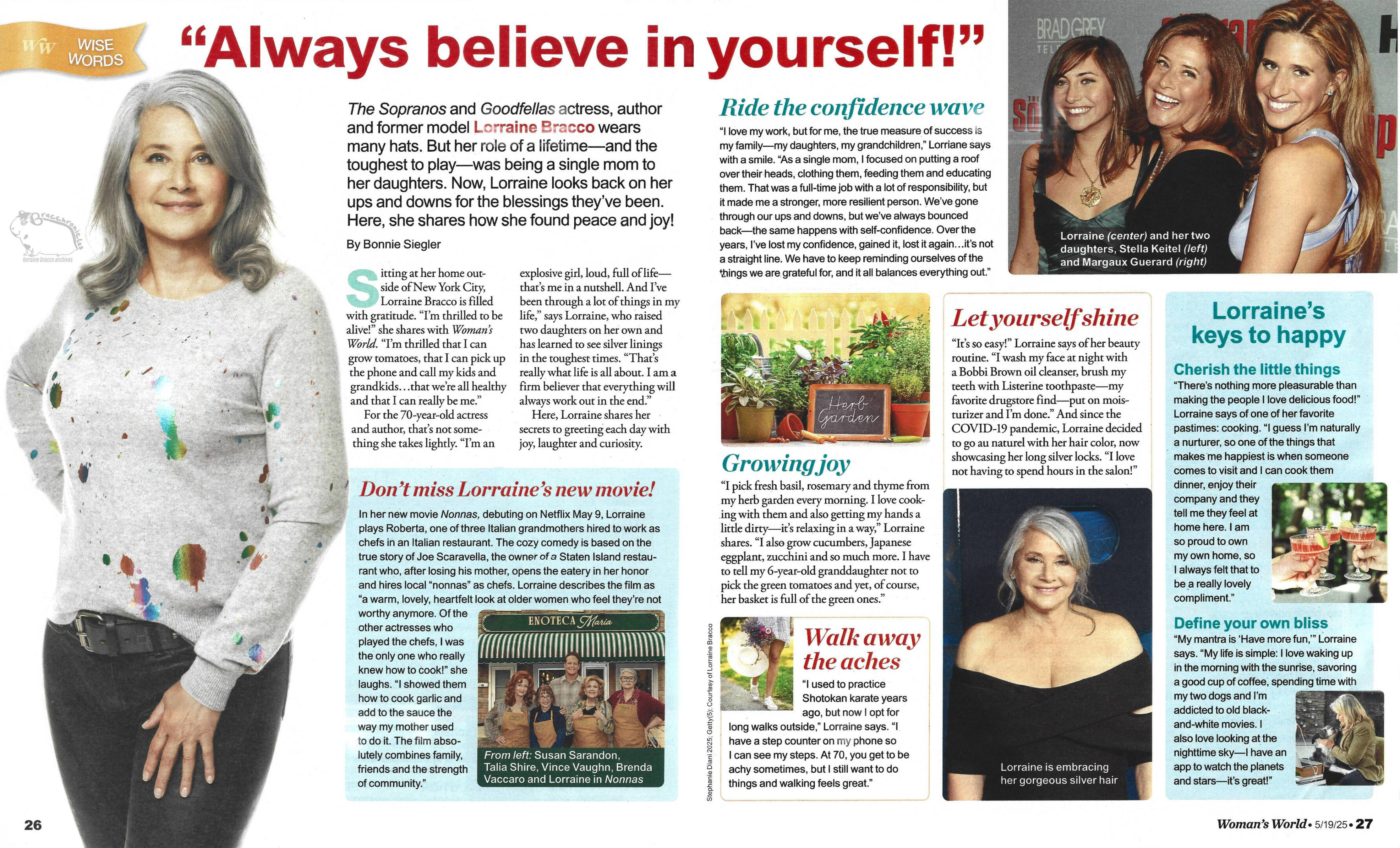 A full two-page article spread from the cover story of the 2025 Women's World magazine. The page is titled 'Always believe in yourself!', featuring a full-length portrait of Lorraine Bracco, and several lifestyle and wellness columns.