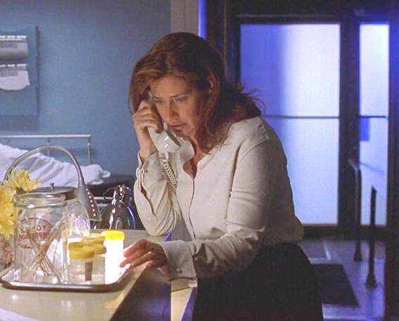9 Lorraine Bracco on the phone at the hospital in film Tangled.