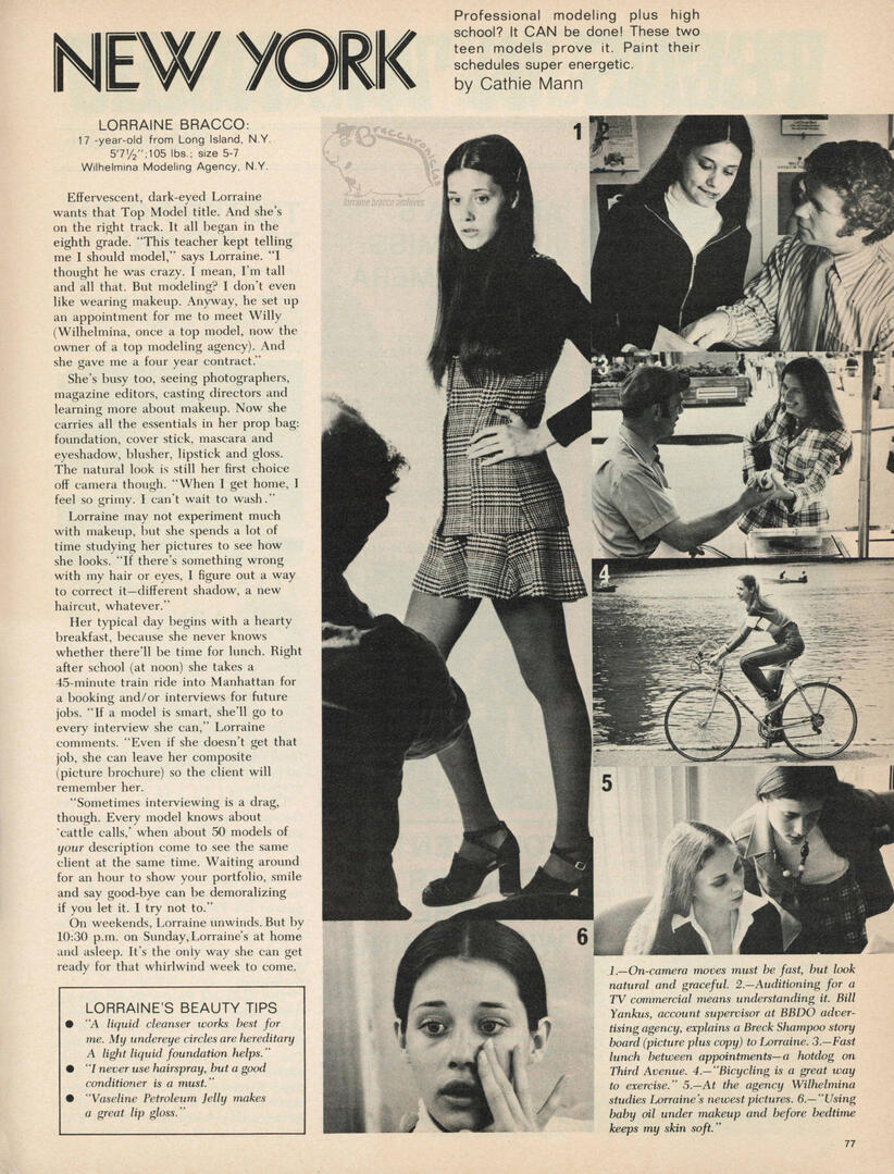 Teen magazine feature titled "New York" by Cathie Mann, profiling a young Lorraine Bracco. The layout includes a text biography, a column of beauty tips, and numbered black and white candid photos of her modelling and riding a bicycle.