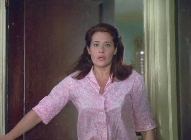 8 Lorraine Bracco looking surprised in a pink patterned shirt in Riding in Cars with Boys.