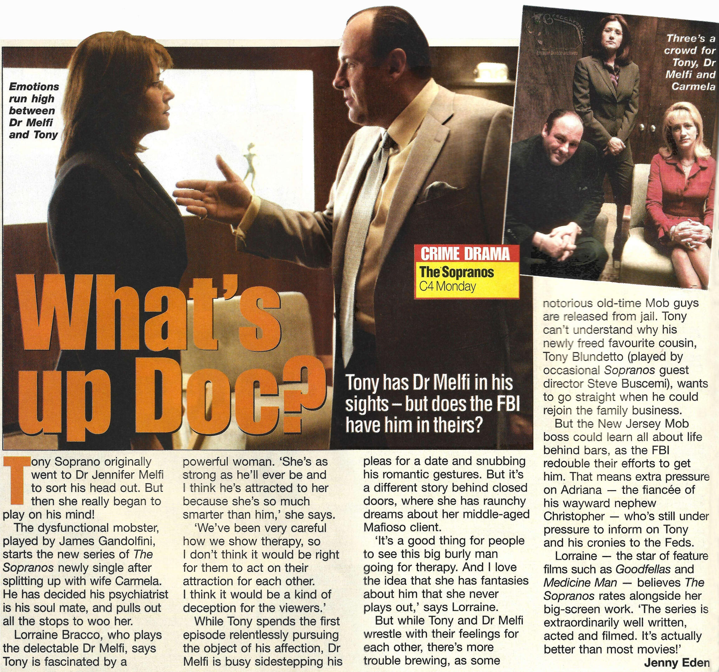 A TV Choice magazine feature for The Sopranos titled "What's up Doc?". It includes a large photo of James Gandolfini as Tony Soprano talking to Lorraine Bracco as Dr. Melfi, and a smaller inset photo featuring Tony, Dr. Melfi, and Carmela Soprano.