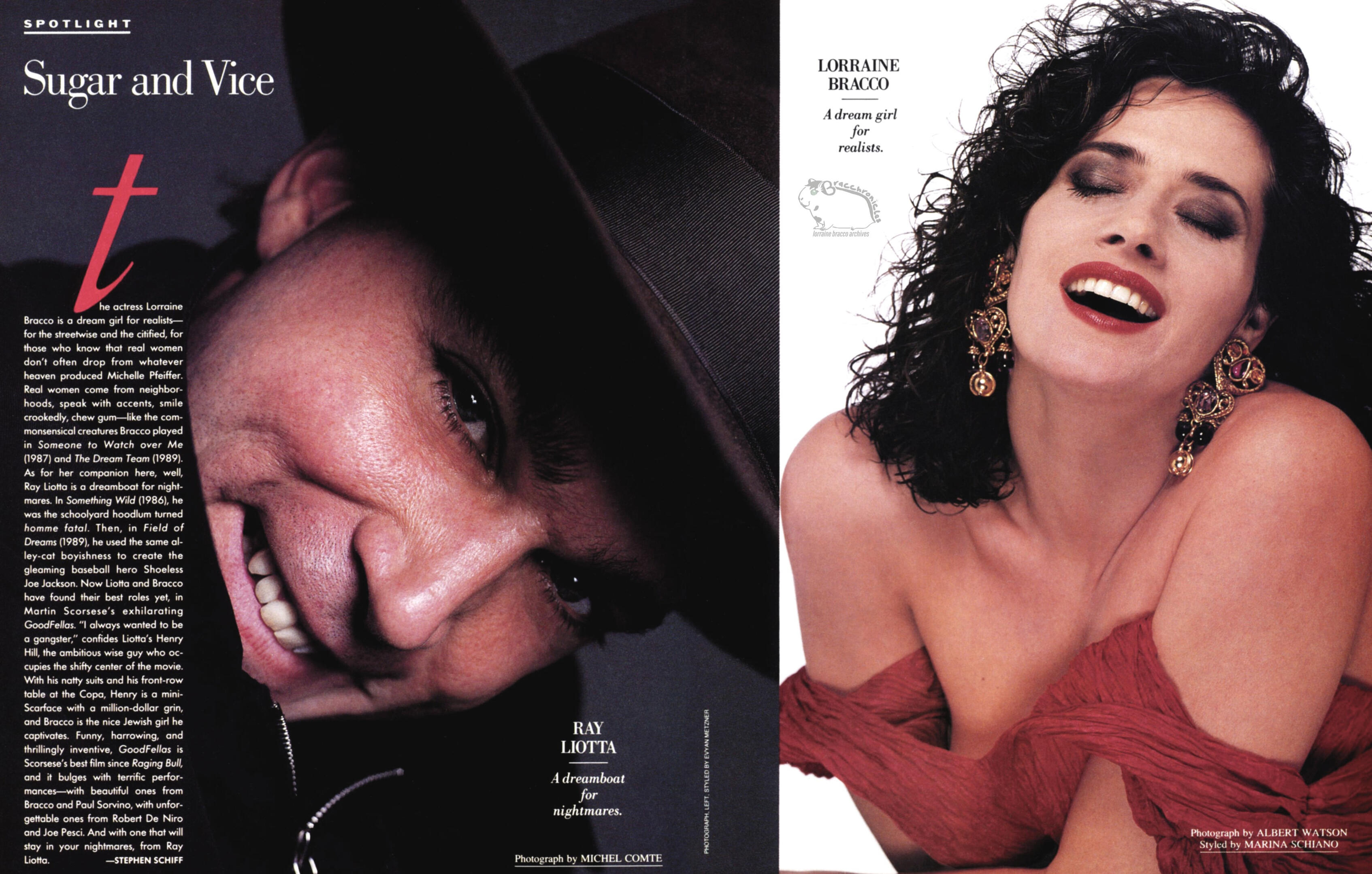 Vanity Fair magazine spread titled "Sugar and Vice." Left side features a close-up photo of Ray Liotta in a hat by Michel Comte. Right side shows a portrait of Lorraine Bracco laughing with dark eyeshadow and ornate earrings by Albert Watson.