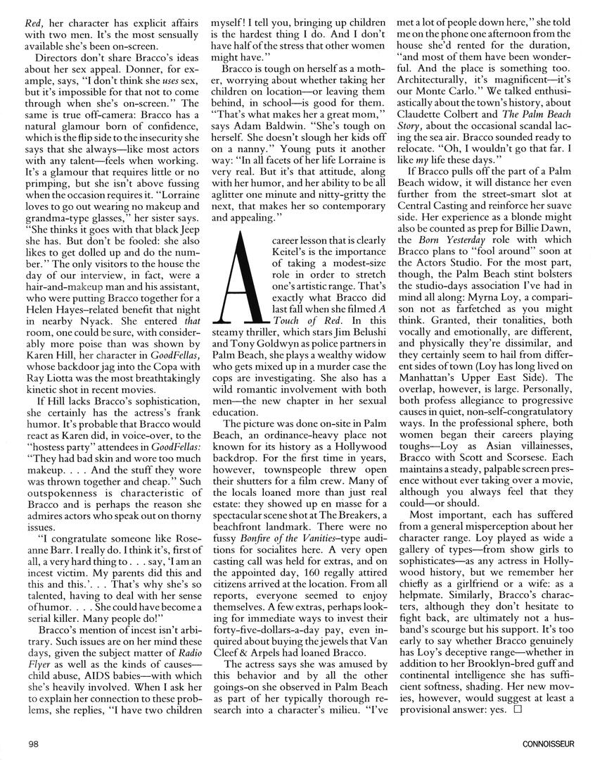Continuation of Connoisseur magazine's feature on Lorraine Bracco. Article text columns mention her role in Goodfellas with Ray Liotta and her film Traces of Red.