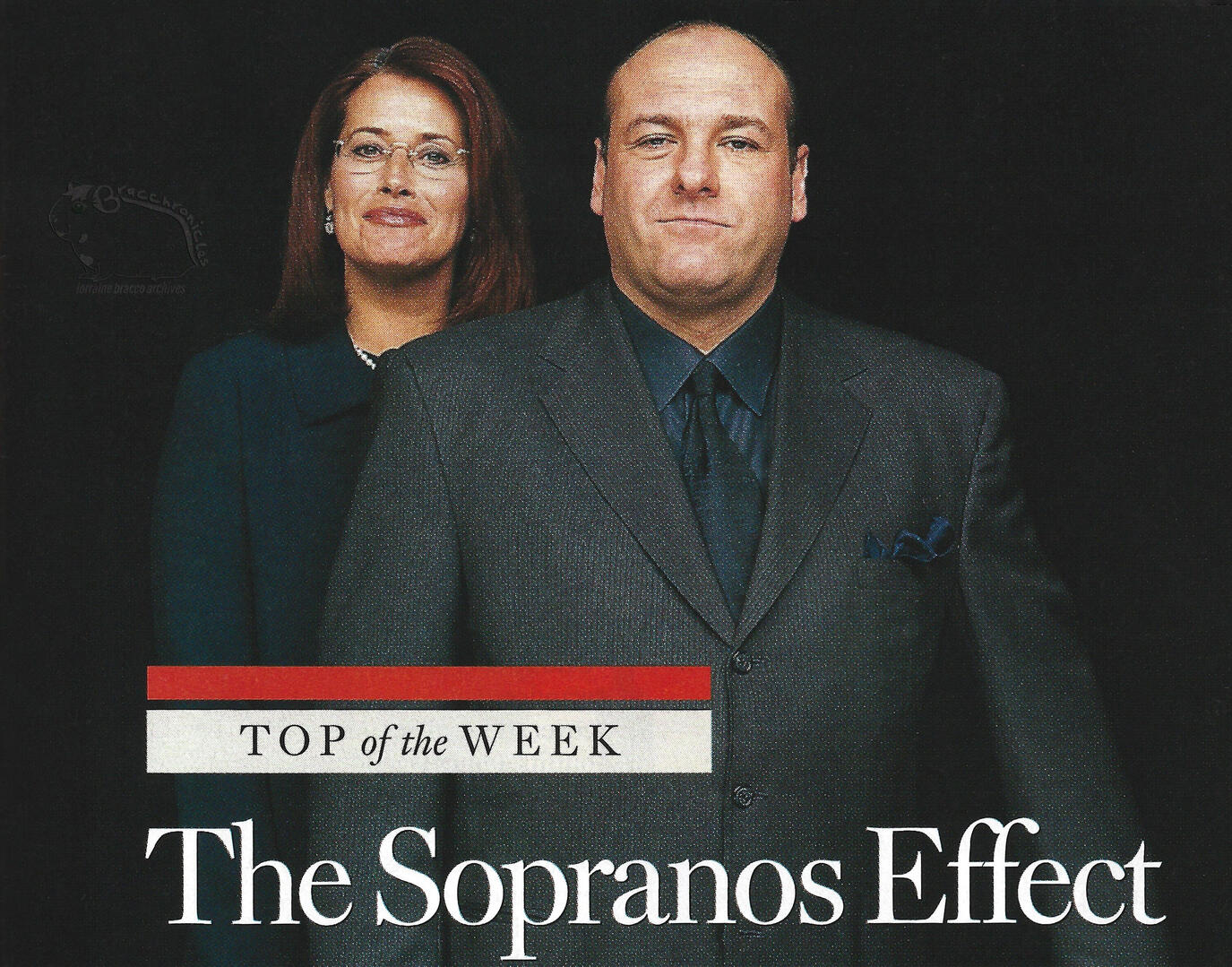 Newsweek magazine interior article header titled "Top of the Week: The Sopranos Effect." Features a formal studio portrait of James Gandolfini in a dark suit with Lorraine Bracco standing slightly behind him against a black background.