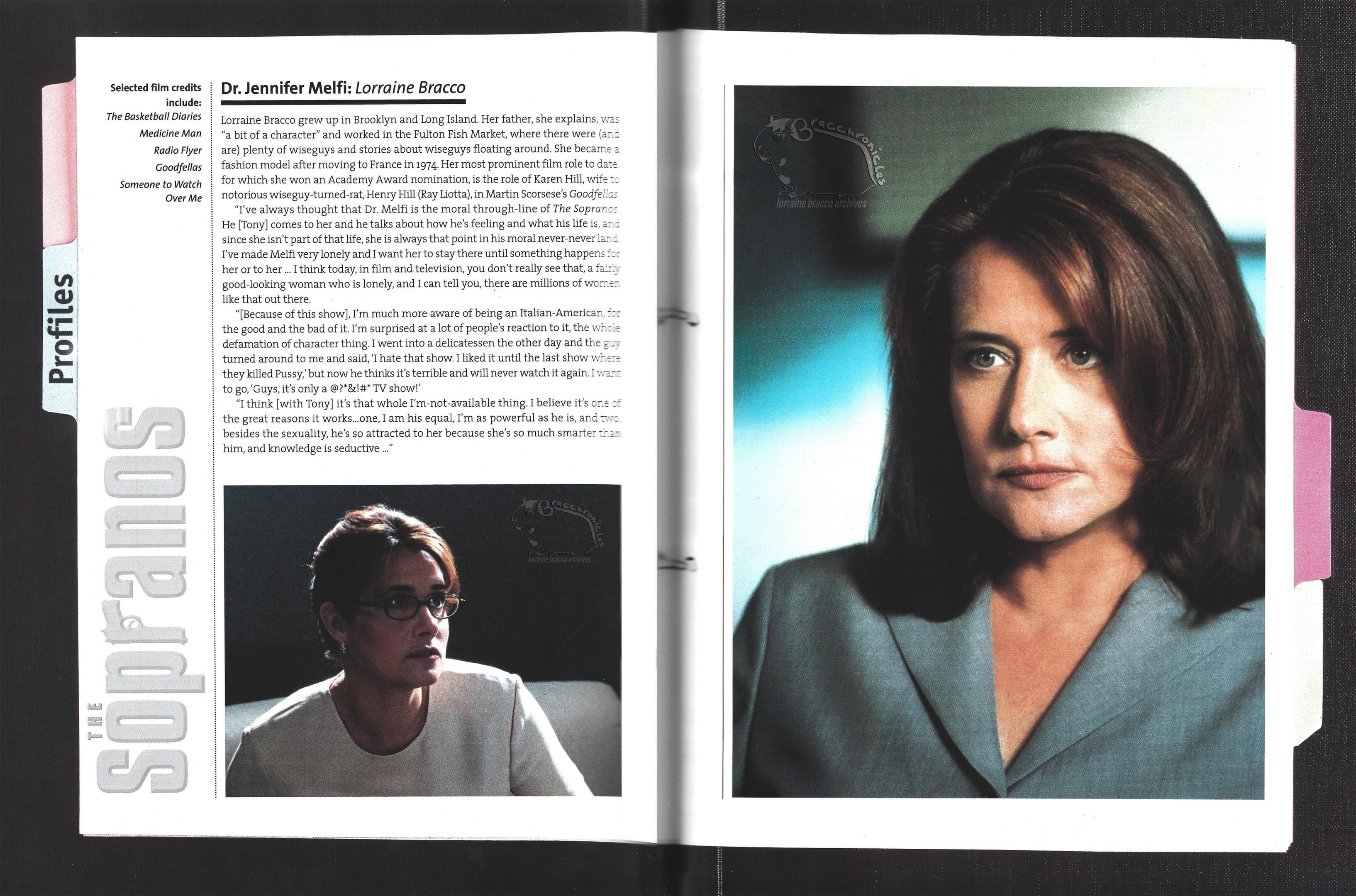 A two-page book spread from "The Sopranos Family History S2" profiling Dr. Jennifer Melfi, played by Lorraine Bracco. Features a small inset photo of Dr. Melfi wearing glasses and a large close-up portrait of Lorraine Bracco as Dr. Melfi in a grey blazer.