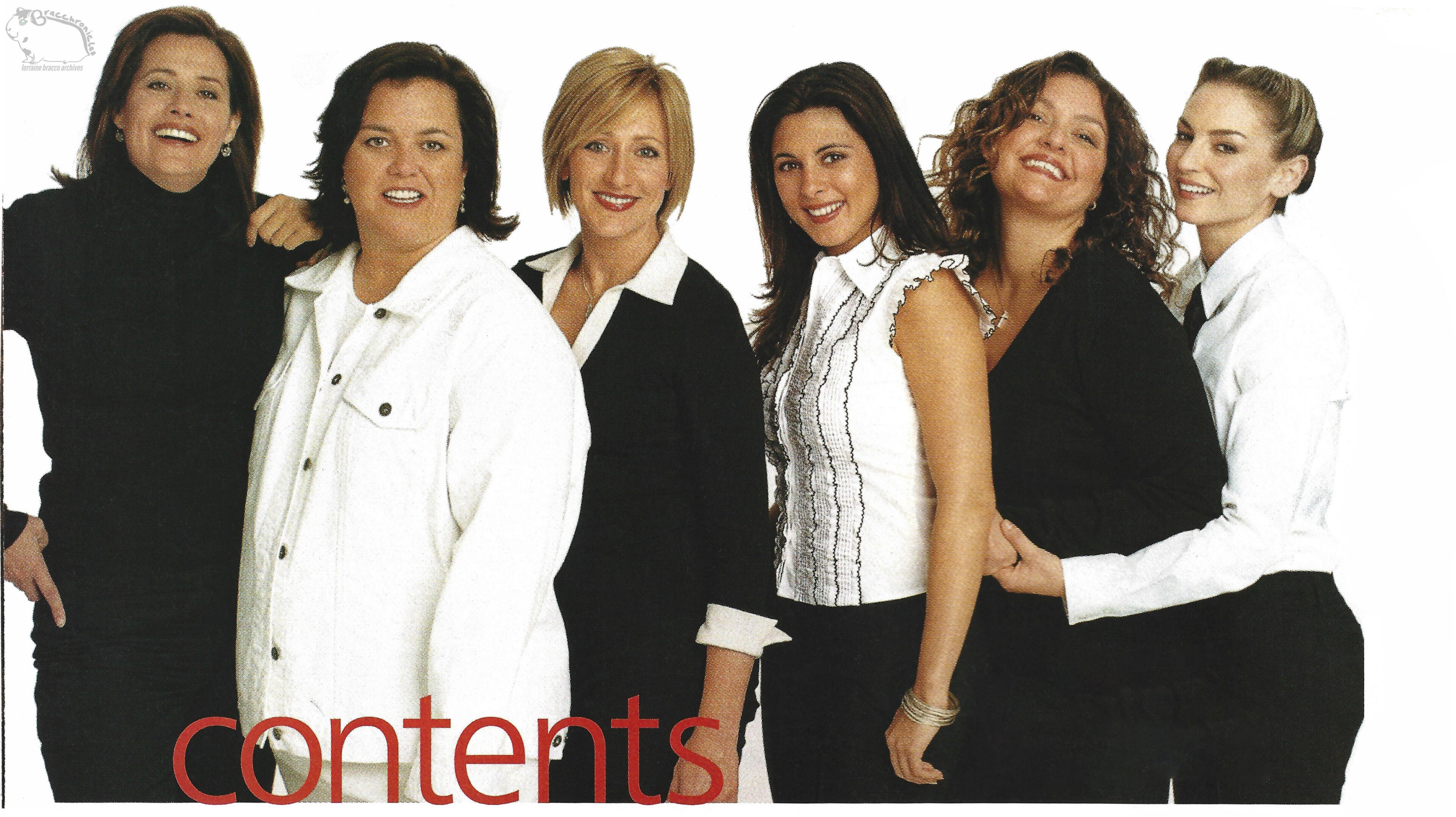 Rosie magazine table of contents header photo featuring Lorraine Bracco, Rosie O’Donnell, Edie Falco, Jamie-Lynn Sigler, Aida Turturro, and Drea de Matteo posing together against a white background.