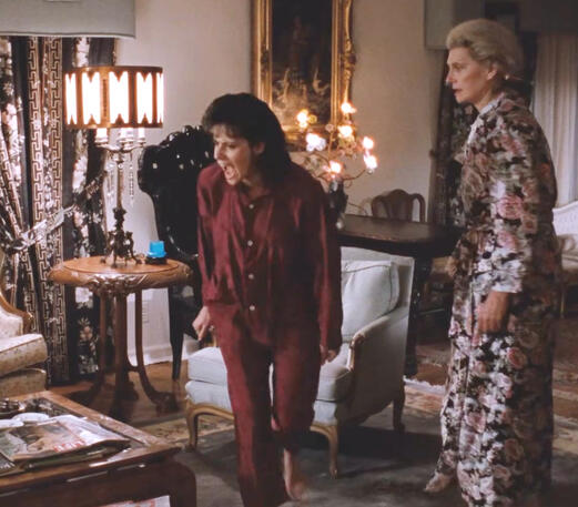11 Lorraine Bracco as Karen Hill in red pyjamas screaming at her dad in a scene in Goodfellas.