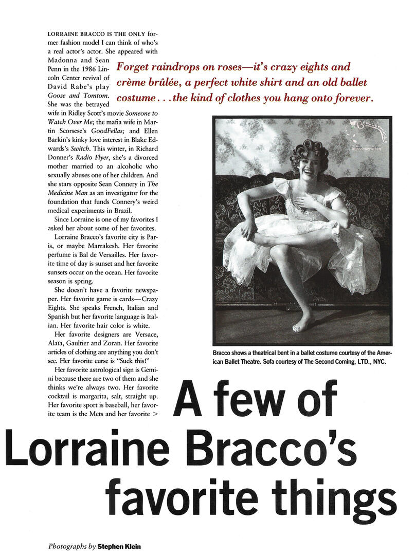 Continuation of Mirabella magazine article spread titled "A few of Lorraine Bracco’s favorite things". Features a black and white photo of actress Lorraine Bracco laughing while posing on a sofa in a ballet costume.