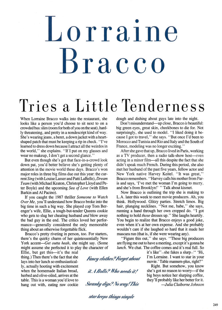Mademoiselle magazine article interview titled "Lorraine Bracco Tries a Little Tenderness" written by Julia Claiborne Johnson, featuring columns of text and a pull quote block at the bottom.