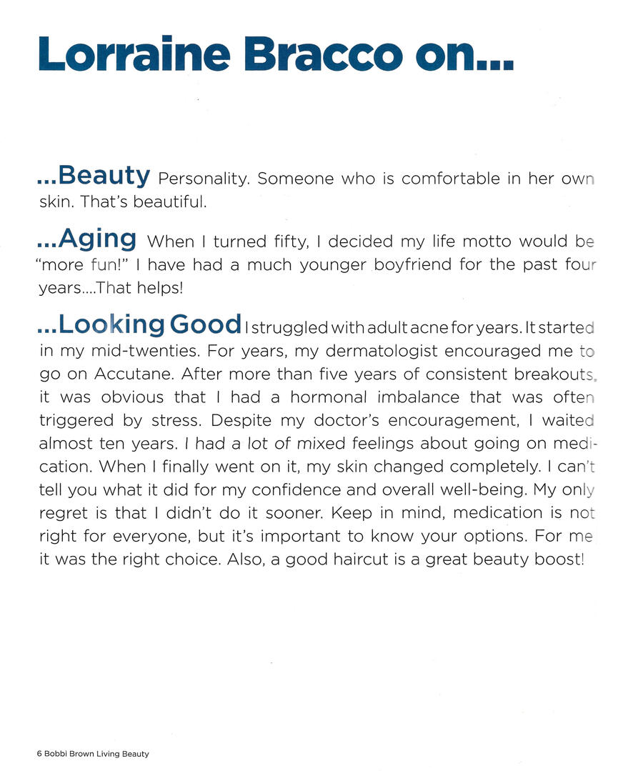 An article page from Bobbi Brown Living Beauty titled 'Lorraine Bracco on...' featuring the actress's quotes and thoughts on the topics of Beauty, Aging, and Looking Good, including her experience with adult acne and Accutane.