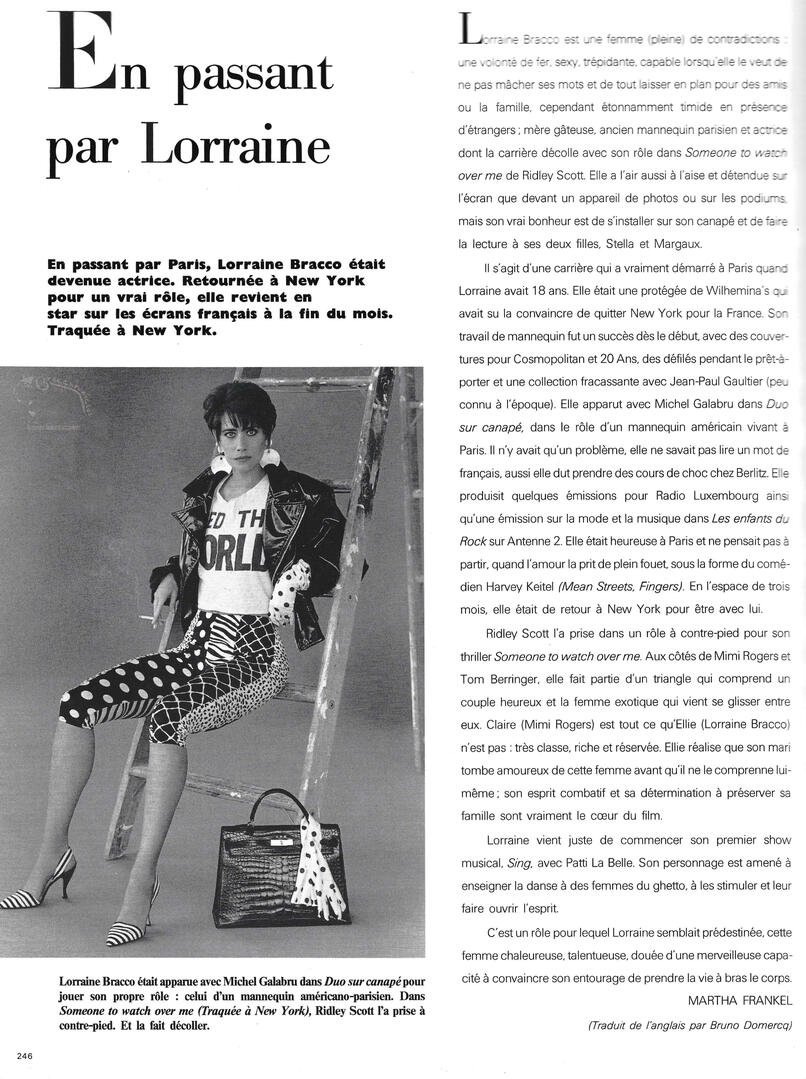 Vogue France magazine article titled "Passing through Lorraine", featuring a black and white photo of actress Lorraine Bracco sitting on a ladder in patterned pants, a leather jacket, and heels next to a handbag.