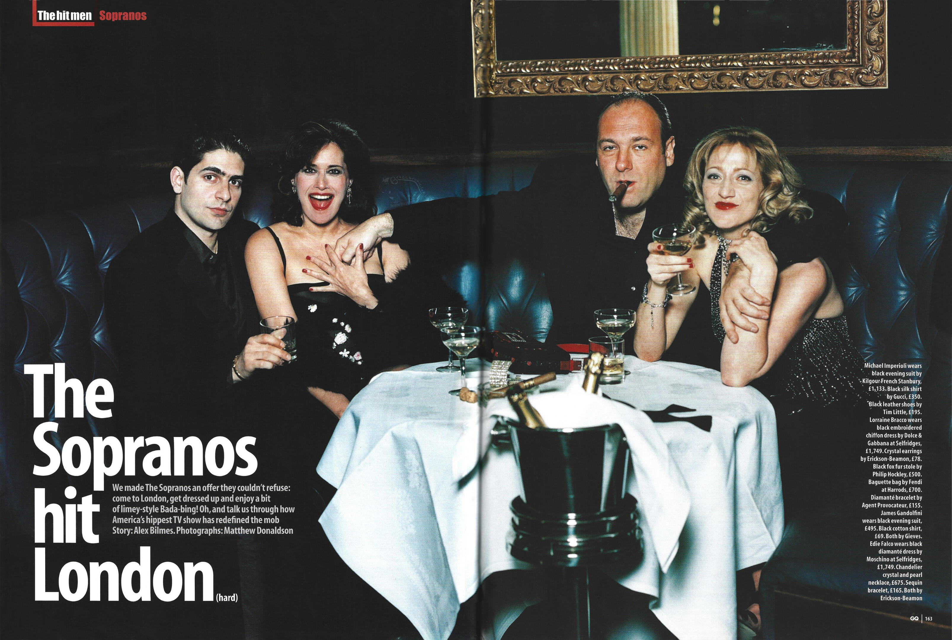 GQ magazine interior feature spread titled "The Sopranos hit London," photographed by Matthew Donaldson. Michael Imperioli, Lorraine Bracco, James Gandolfini, and Edie Falco pose together in a tufted leather booth around a champagne table.