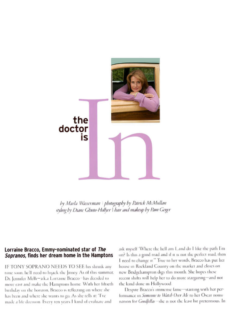 Article spread from HamptonStyle magazine titled "The Doctor is In" featuring actress Lorraine Bracco, Emmy-nominated star of The Sopranos, leaning out of a vehicle window.