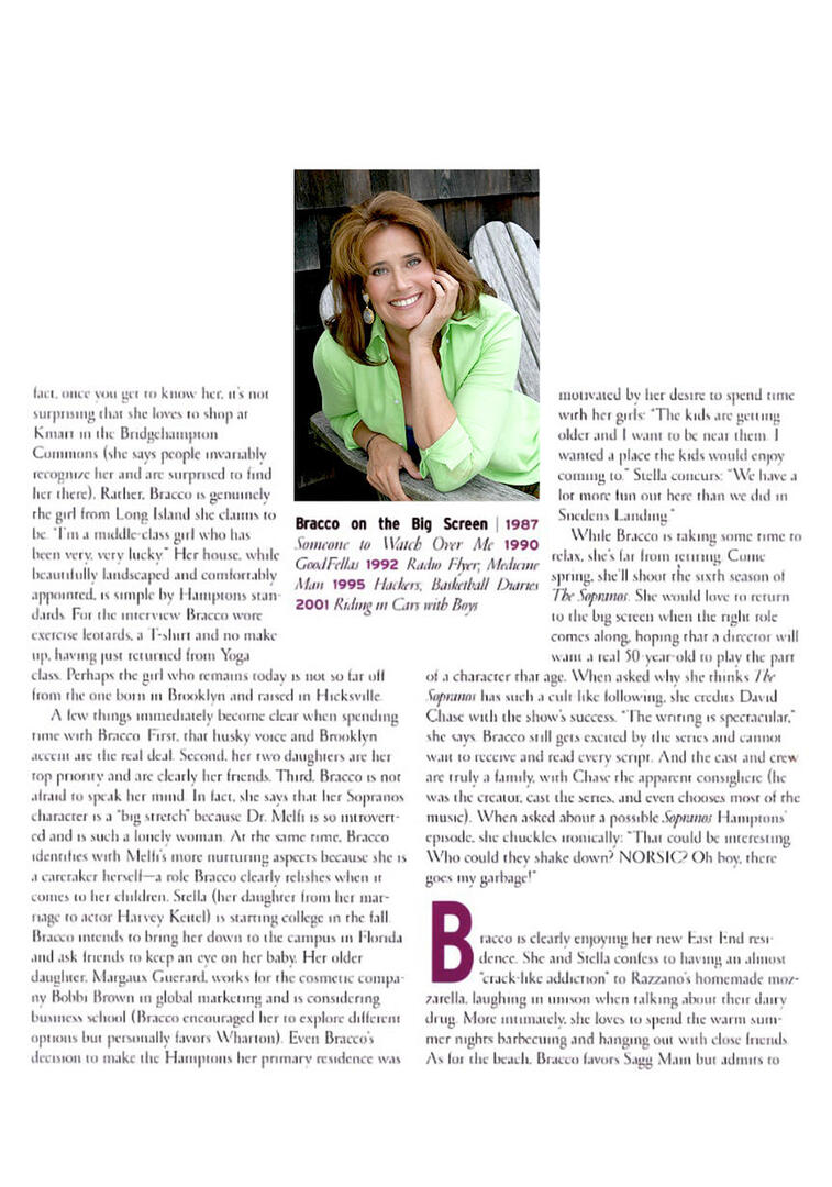 Inside article spread from HamptonStyle magazine featuring a portrait of Lorraine Bracco in a lime green shirt. Includes a timeline of her film roles titled "Bracco on the Big Screen."