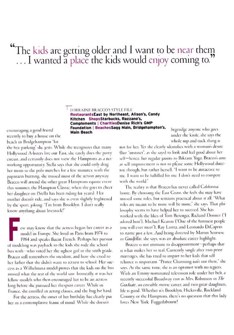 Editorial page from HamptonStyle magazine featuring a large pull quote from Lorraine Bracco about her kids, alongside text detailing "Lorraine Bracco's Style File" in the Hamptons.