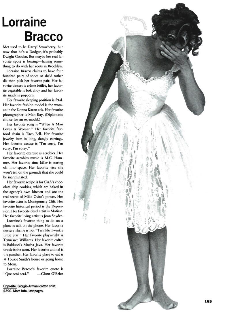 Continuation of Mirabella magazine article spread with a full-length black and white fashion photograph of actress Lorraine Bracco posing barefoot in a white lace ballet costume tutu.